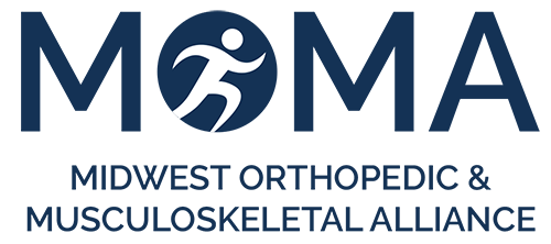 Logo for the Midwest Orthopedic & Musculoskeletal Alliance (MOMA), featuring the acronym MOMA with a stylized figure running inside the letter O and the full name written below in blue capital letters.